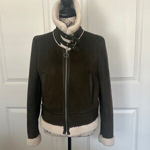 Olive Green Teddy Jacket with Shearling Trim